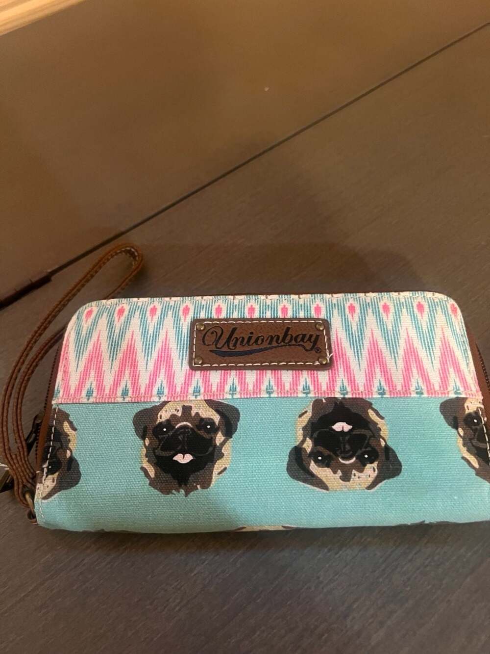 Unionbay Pug Dog Print Turquoise Blue and Pink Zip Around Wallet With Wristlet S